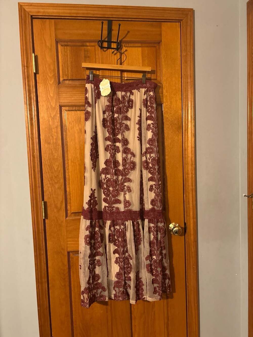 Altar'd State Arissa Embroidered Mesh Maxi Skirt Wine Size L